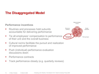 The Disaggregated ModelPerformance incentivesRoutines and processes hold subunits accountable for delivering performanceTie all employees‘ compensation to performance of their unit and the overall businessCultural norms facilitate the pursuit and realization of improved performancePush (individual) performance evaluation discussions downPerformance contractsTrack performance closely (e.g. quarterly reviews)14 March 2008© Marc Sniukas10Following John Roberts „The Modern Firm“ Oxford University Press 2004