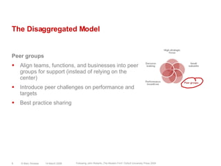 The Disaggregated ModelPeer groupsAlign teams, functions, and businesses into peer groups for support (instead of relying on the center)Introduce peer challenges on performance and targetsBest practice sharing14 March 2008© Marc Sniukas9Following John Roberts „The Modern Firm“ Oxford University Press 2004