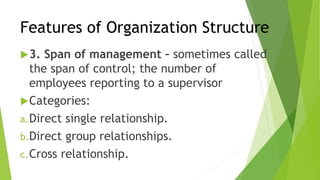 Features of Organization Structure
3. Span of management – sometimes called
the span of control; the number of
employees reporting to a supervisor
Categories:
a.Direct single relationship.
b.Direct group relationships.
c.Cross relationship.
 
