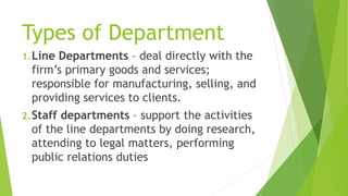 Types of Department
1.Line Departments – deal directly with the
firm’s primary goods and services;
responsible for manufacturing, selling, and
providing services to clients.
2.Staff departments – support the activities
of the line departments by doing research,
attending to legal matters, performing
public relations duties
 