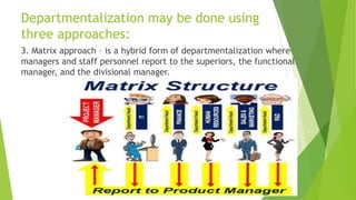 Departmentalization may be done using
three approaches:
3. Matrix approach – is a hybrid form of departmentalization where
managers and staff personnel report to the superiors, the functional
manager, and the divisional manager.
 