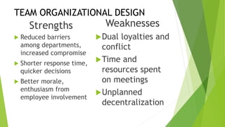 TEAM ORGANIZATIONAL DESIGN
Strengths
 Reduced barriers
among departments,
increased compromise
 Shorter response time,
quicker decisions
 Better morale,
enthusiasm from
employee involvement
Weaknesses
Dual loyalties and
conflict
Time and
resources spent
on meetings
Unplanned
decentralization
 