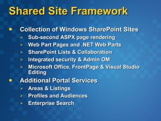 Shared Site Framework Collection of Windows SharePoint Sites Sub-second ASPX page rendering Web Part Pages and .NET Web Parts SharePoint Lists & Collaboration Integrated security & Admin OM Microsoft Office, FrontPage & Visual Studio Editing Additional Portal Services Areas & Listings Profiles and Audiences Enterprise Search 