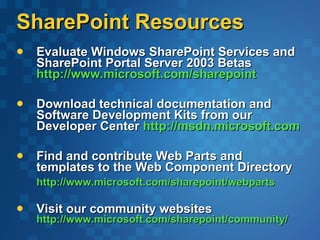 SharePoint Resources Evaluate Windows SharePoint Services and SharePoint Portal Server 2003 Betas  http://www.microsoft.com/sharepoint Download technical documentation and Software Development Kits from our Developer Center  http://msdn.microsoft.com Find and contribute Web Parts and templates to the Web Component Directory   http://www.microsoft.com/sharepoint/webparts   Visit our community websites  http://www.microsoft.com/sharepoint/community/ 