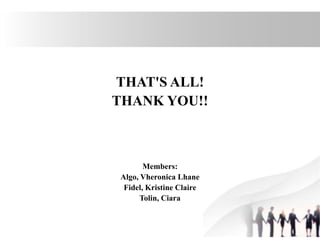 THAT'S ALL!
THANK YOU!!
Members:
Algo, Vheronica Lhane
Fidel, Kristine Claire
Tolin, Ciara
 