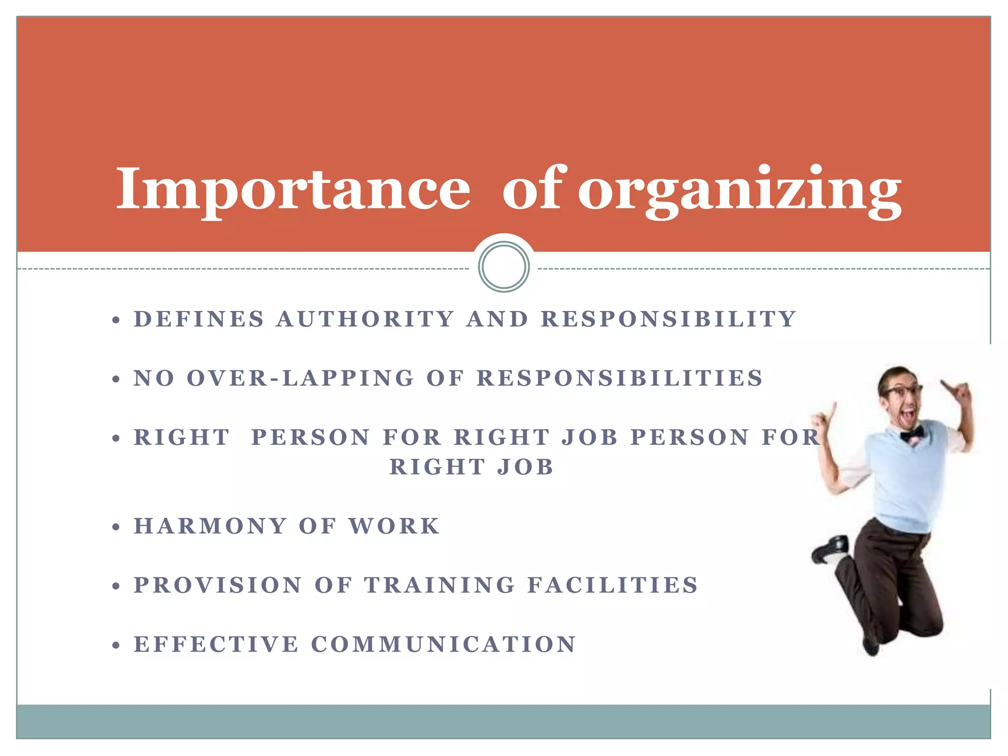 Importance of organizing

• DEFINES AUTHORITY AND RESPONSIBILITY

• NO OVER-LAPPING OF RESPONSIBILITIES

• RIGHT PERSON FOR RIGHT JOB PERSON FOR
               RIGHT JOB

• HARMONY OF WORK

• PROVISION OF TRAINING FACILITIES

• EFFECTIVE COMMUNICATION
 