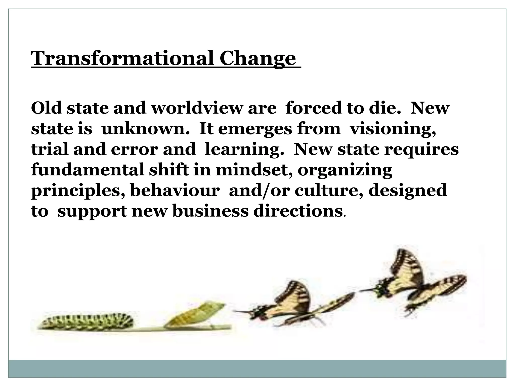 Transformational Change

Old state and worldview are forced to die. New
state is unknown. It emerges from visioning,
trial and error and learning. New state requires
fundamental shift in mindset, organizing
principles, behaviour and/or culture, designed
to support new business directions.
 