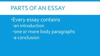PARTS OF AN ESSAY
Every essay contains
an introduction
one or more body paragraphs
a conclusion
 