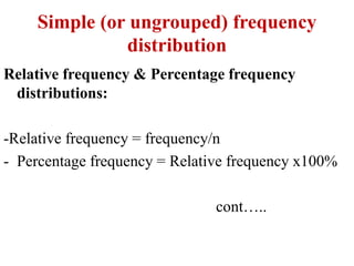 Simple (or ungrouped) frequency
distribution
Relative frequency & Percentage frequency
distributions:
-Relative frequency = frequency/n
- Percentage frequency = Relative frequency x100%
cont…..
 