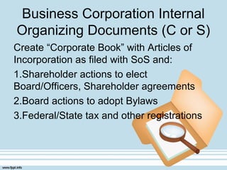 Business Corporation Internal
Organizing Documents (C or S)
Create “Corporate Book” with Articles of
Incorporation as filed with SoS and:
1.Shareholder actions to elect
Board/Officers, Shareholder agreements
2.Board actions to adopt Bylaws
3.Federal/State tax and other registrations
 