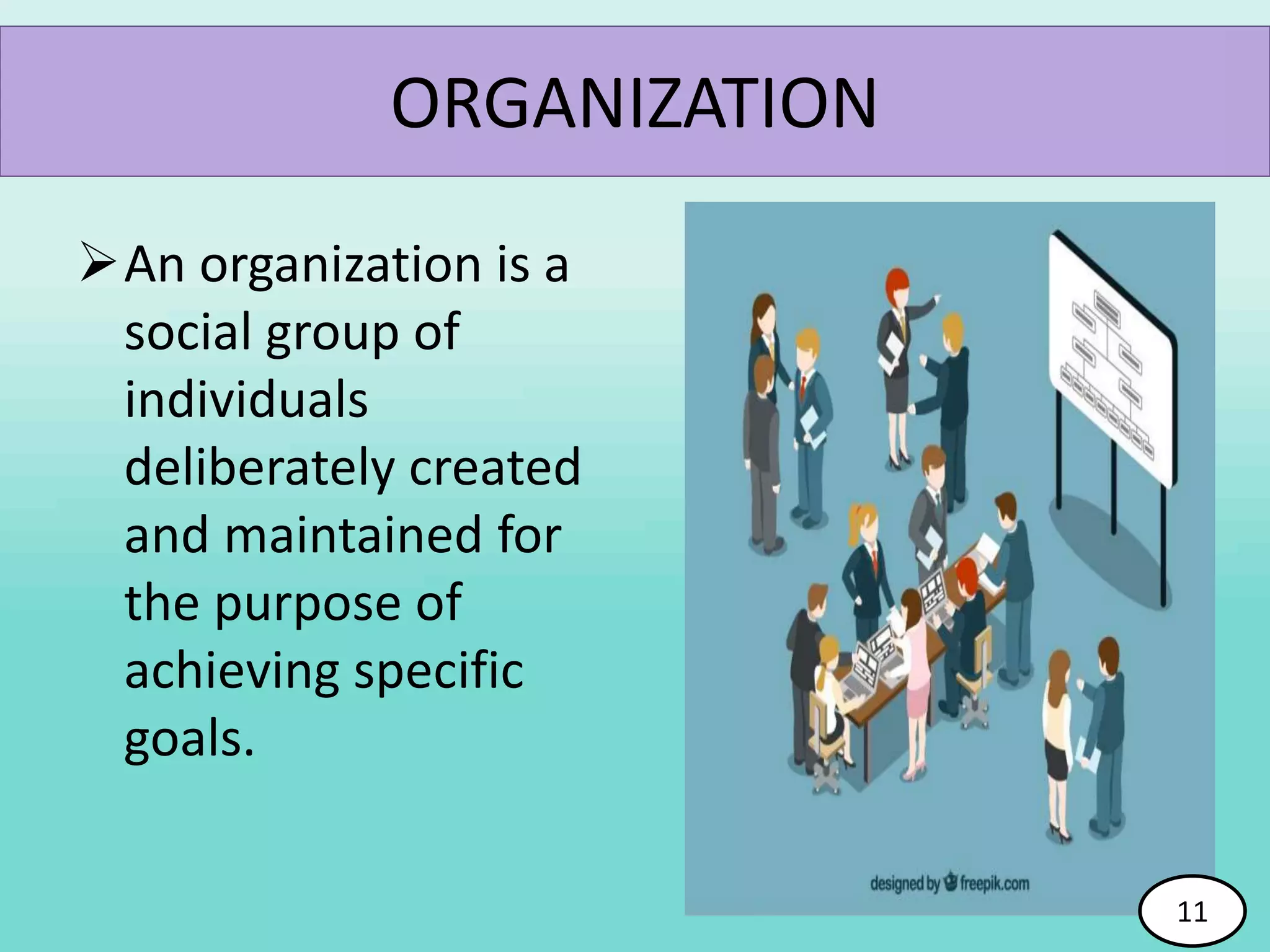 An organization is a
social group of
individuals
deliberately created
and maintained for
the purpose of
achieving specific
goals.
11
ORGANIZATION
11
 