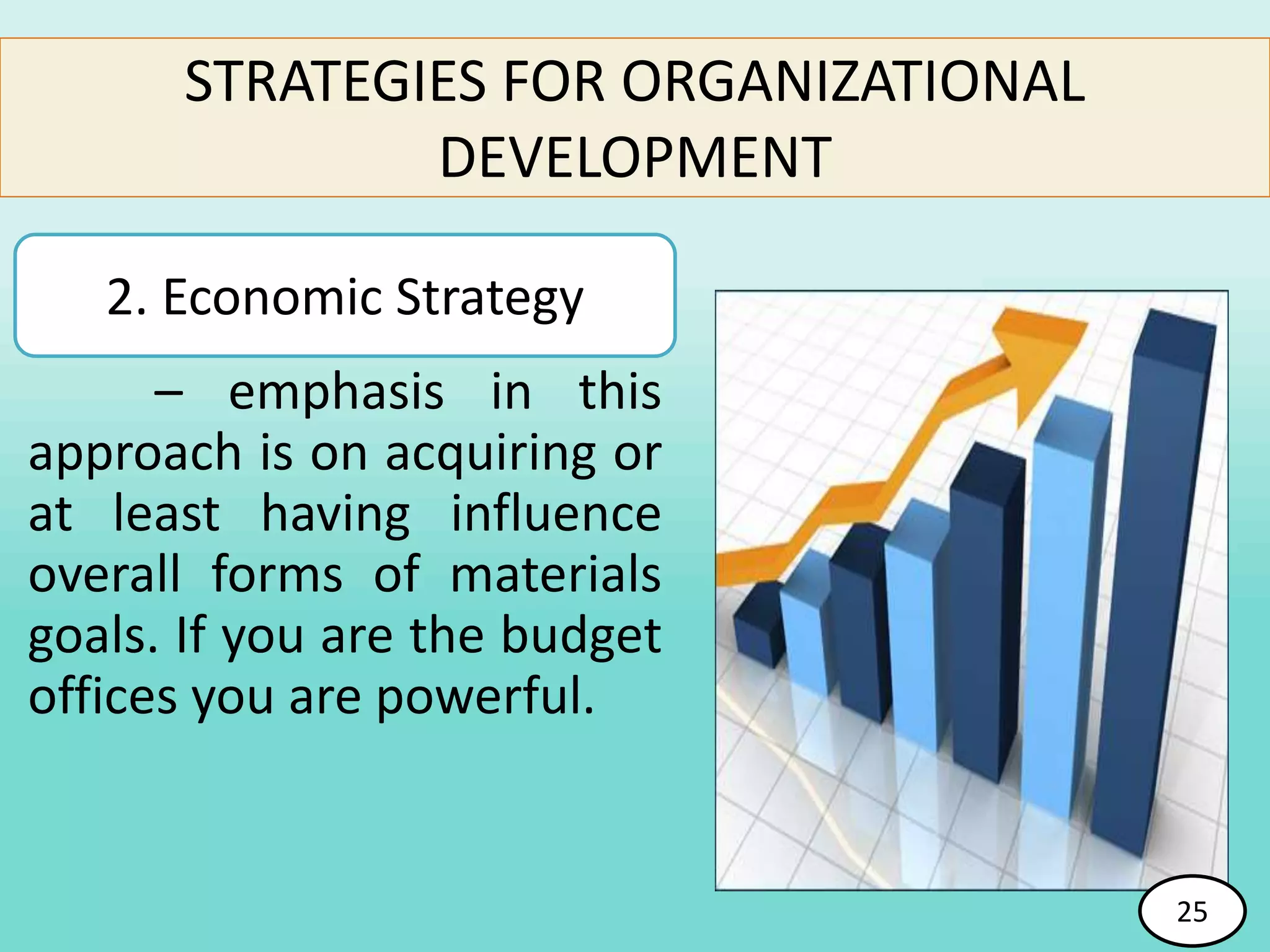 – emphasis in this
approach is on acquiring or
at least having influence
overall forms of materials
goals. If you are the budget
offices you are powerful.
STRATEGIES FOR ORGANIZATIONAL
DEVELOPMENT
2. Economic Strategy
25
 