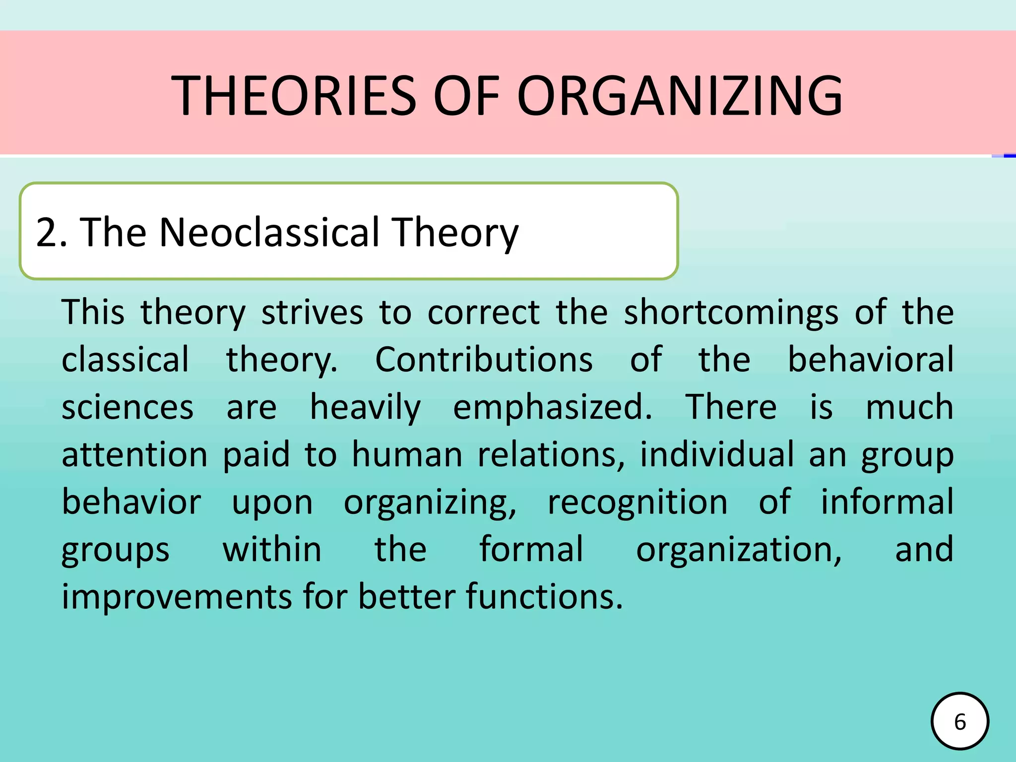 This theory strives to correct the shortcomings of the
classical theory. Contributions of the behavioral
sciences are heavily emphasized. There is much
attention paid to human relations, individual an group
behavior upon organizing, recognition of informal
groups within the formal organization, and
improvements for better functions.
THEORIES OF ORGANIZING
2. The Neoclassical Theory
6
 