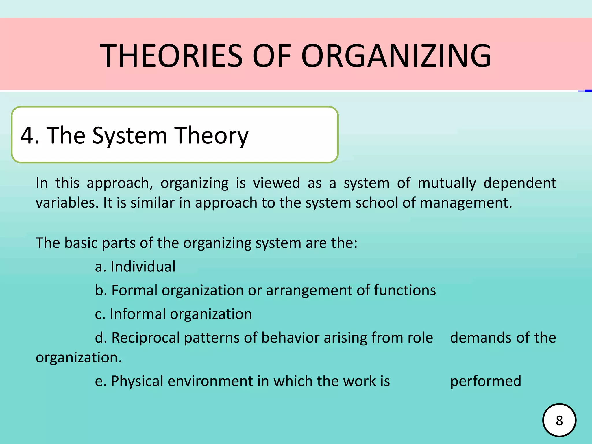 In this approach, organizing is viewed as a system of mutually dependent
variables. It is similar in approach to the system school of management.
The basic parts of the organizing system are the:
a. Individual
b. Formal organization or arrangement of functions
c. Informal organization
d. Reciprocal patterns of behavior arising from role demands of the
organization.
e. Physical environment in which the work is performed
THEORIES OF ORGANIZING
4. The System Theory
8
 