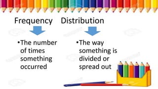 Frequency Distribution
•The number
of times
something
occurred
•The way
something is
divided or
spread out
 