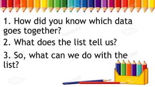 1. How did you know which data
goes together?
2. What does the list tell us?
3. So, what can we do with the
list?
 