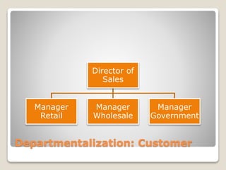 Departmentalization: Customer
Director of
Sales
Manager
Retail
Manager
Wholesale
Manager
Government
 