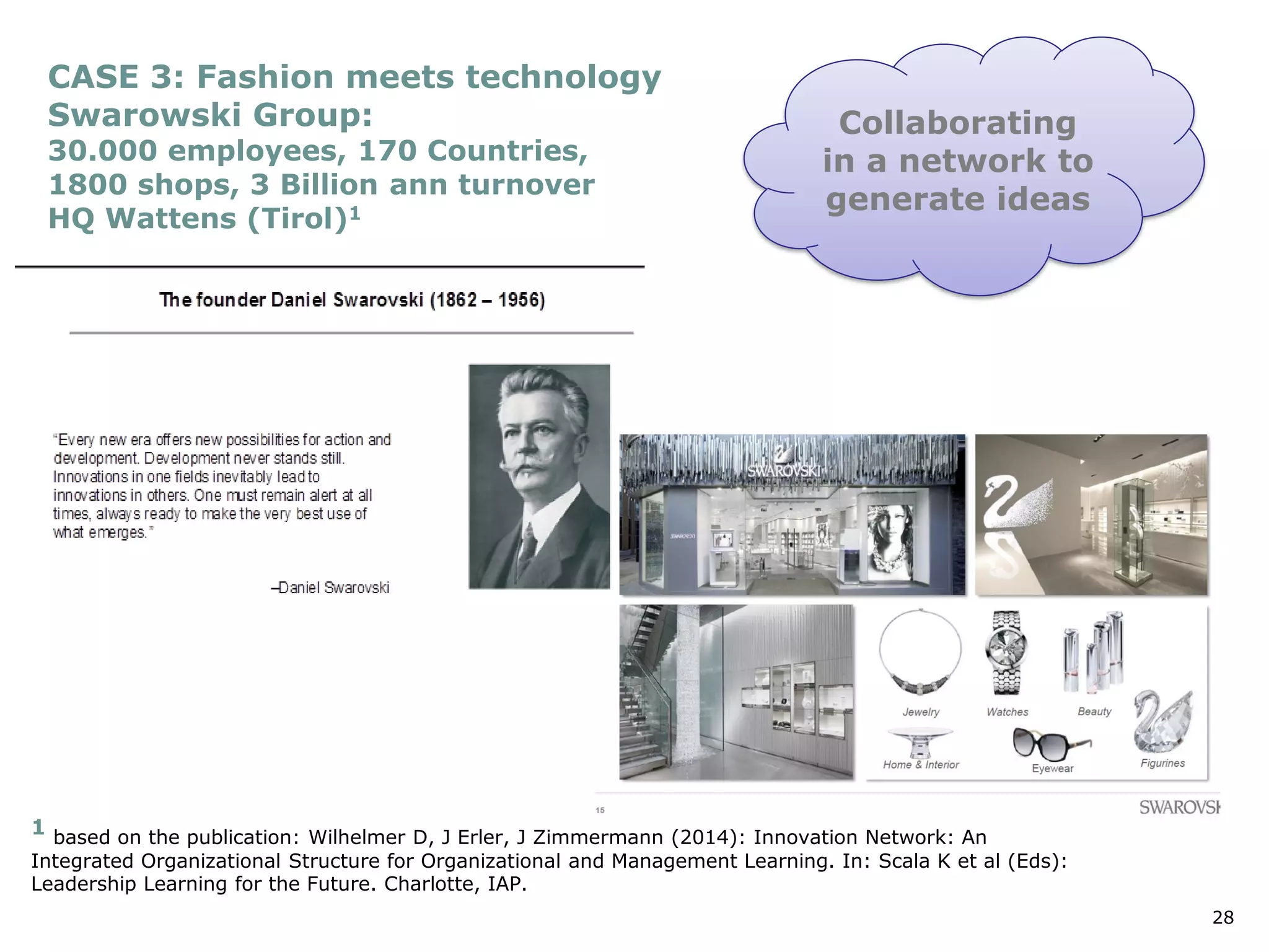28
CASE 3: Fashion meets technology
Swarowski Group:
30.000 employees, 170 Countries,
1800 shops, 3 Billion ann turnover
HQ Wattens (Tirol)1
Collaborating
in a network to
generate ideas
1 based on the publication: Wilhelmer D, J Erler, J Zimmermann (2014): Innovation Network: An
Integrated Organizational Structure for Organizational and Management Learning. In: Scala K et al (Eds):
Leadership Learning for the Future. Charlotte, IAP.
 