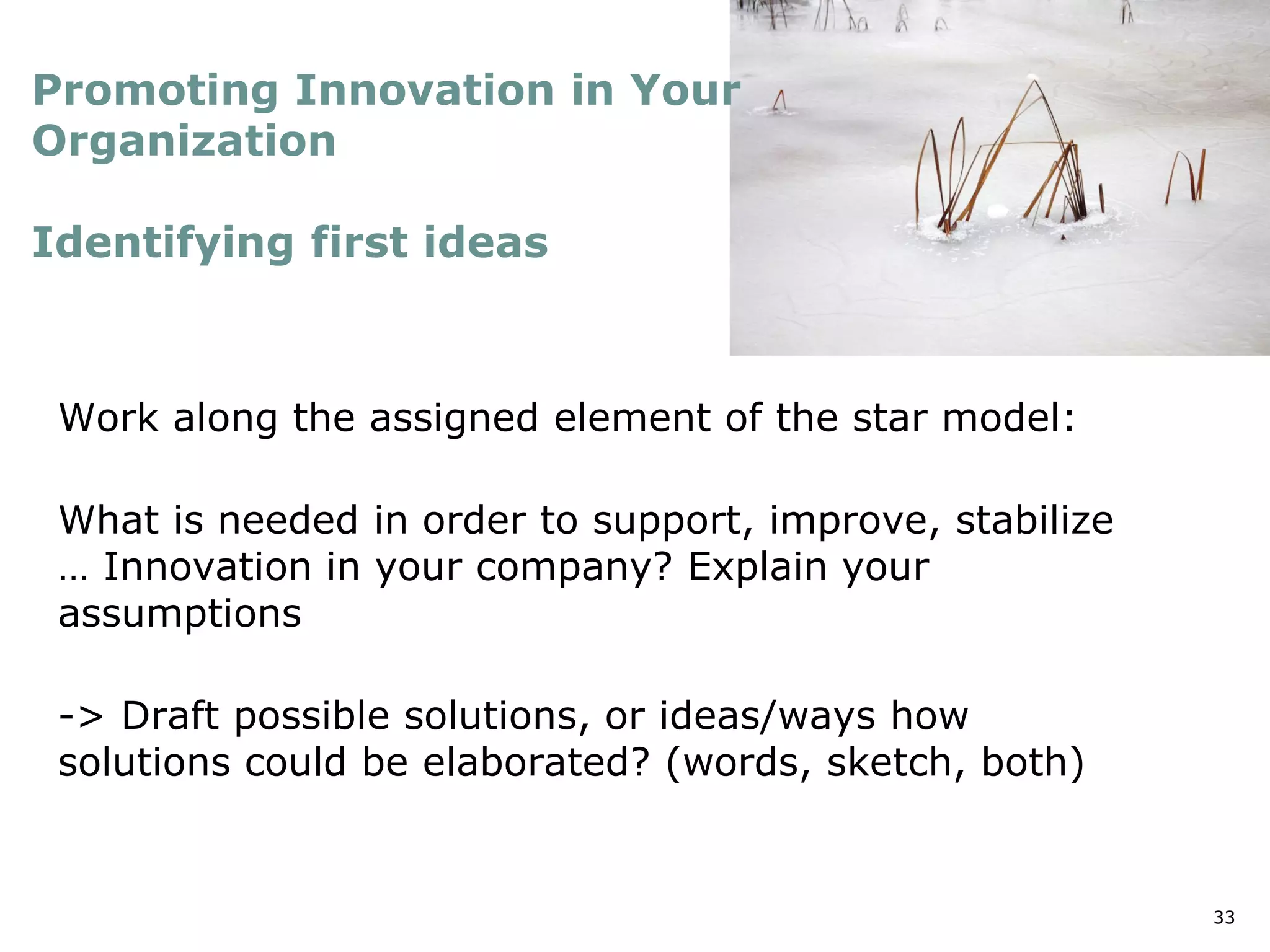 33
Promoting Innovation in Your
Organization
Identifying first ideas
Work along the assigned element of the star model:
What is needed in order to support, improve, stabilize
… Innovation in your company? Explain your
assumptions
-> Draft possible solutions, or ideas/ways how
solutions could be elaborated? (words, sketch, both)
 