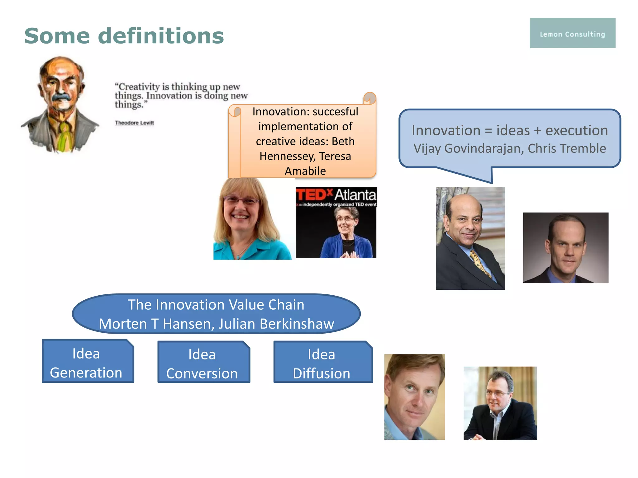 Innovation = ideas + execution
Vijay Govindarajan, Chris Tremble
Some definitions
Idea
Generation
Idea
Conversion
Idea
Diffusion
The Innovation Value Chain
Morten T Hansen, Julian Berkinshaw
Innovation: succesful
implementation of
creative ideas: Beth
Hennessey, Teresa
Amabile
 