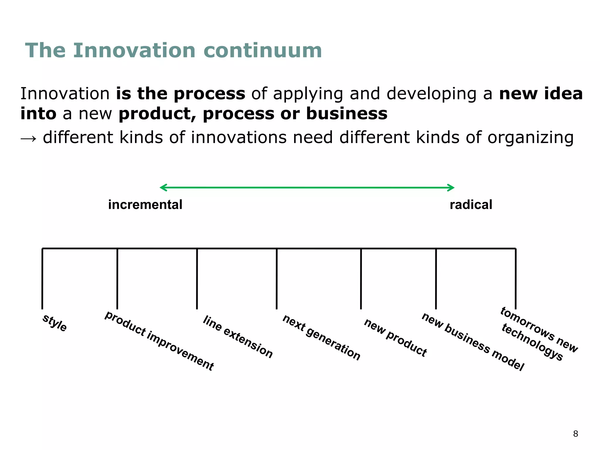8
Innovation is the process of applying and developing a new idea
into a new product, process or business
→ different kinds of innovations need different kinds of organizing
The Innovation continuum
incremental radical
 