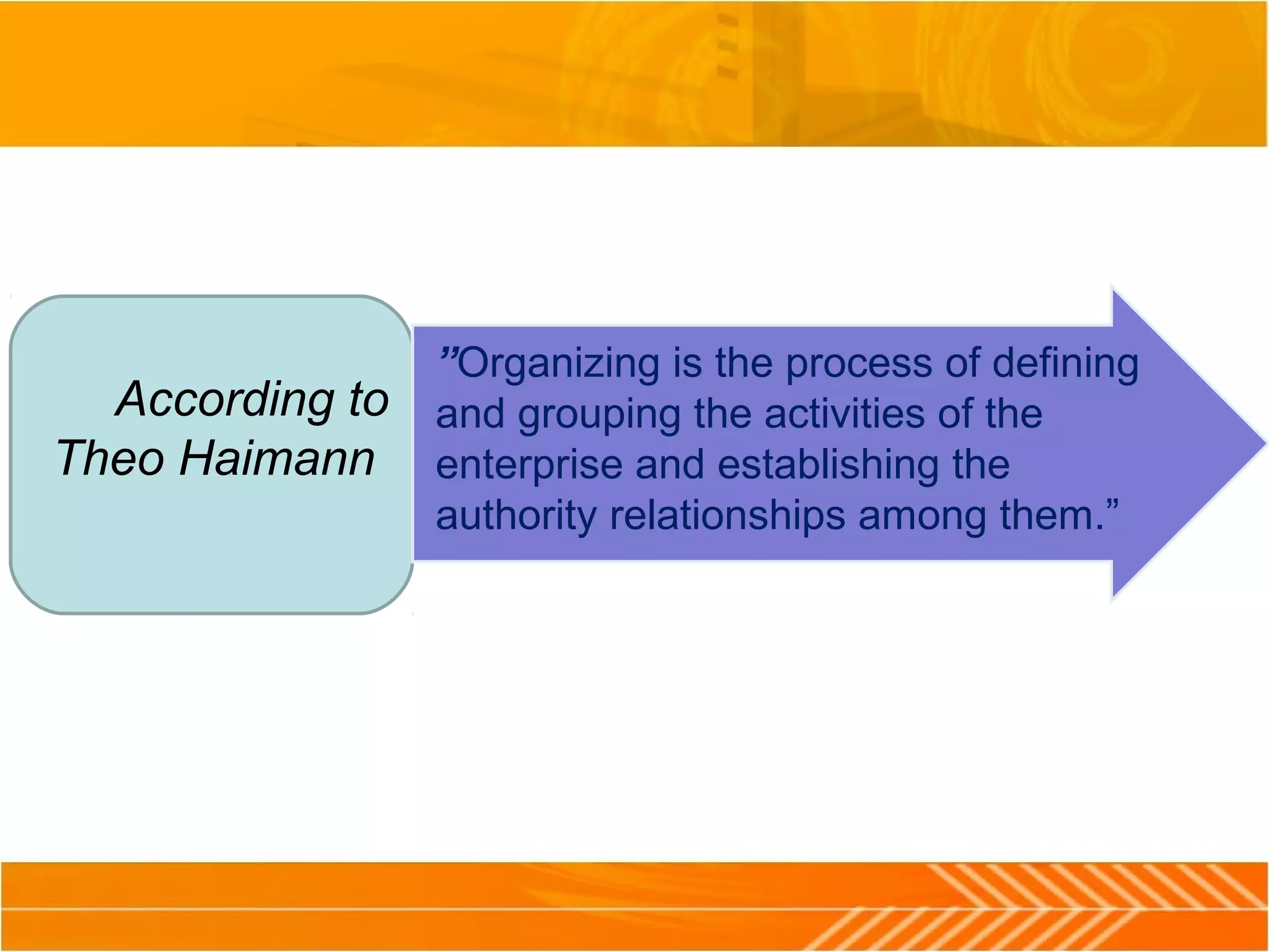 ”Organizing is the process of defining
and grouping the activities of the
enterprise and establishing the
authority relationships among them.”
According to
Theo Haimann
 