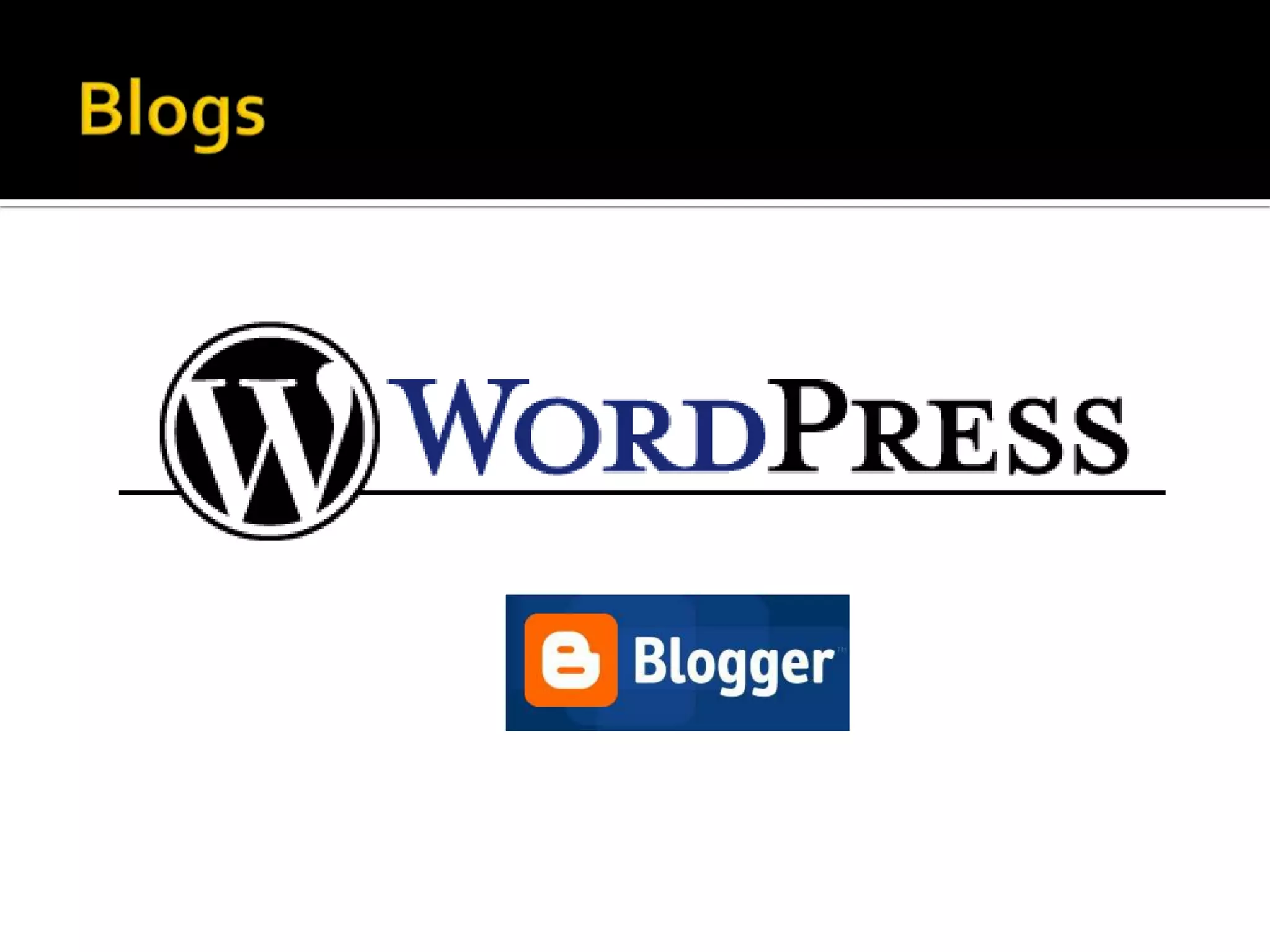 BlogsBlog (web + log)IndividualorcolectivShare andexchangeinformation(text, graphs, audio, video, …)Co-Winner, Word-of-the-Year: 2004