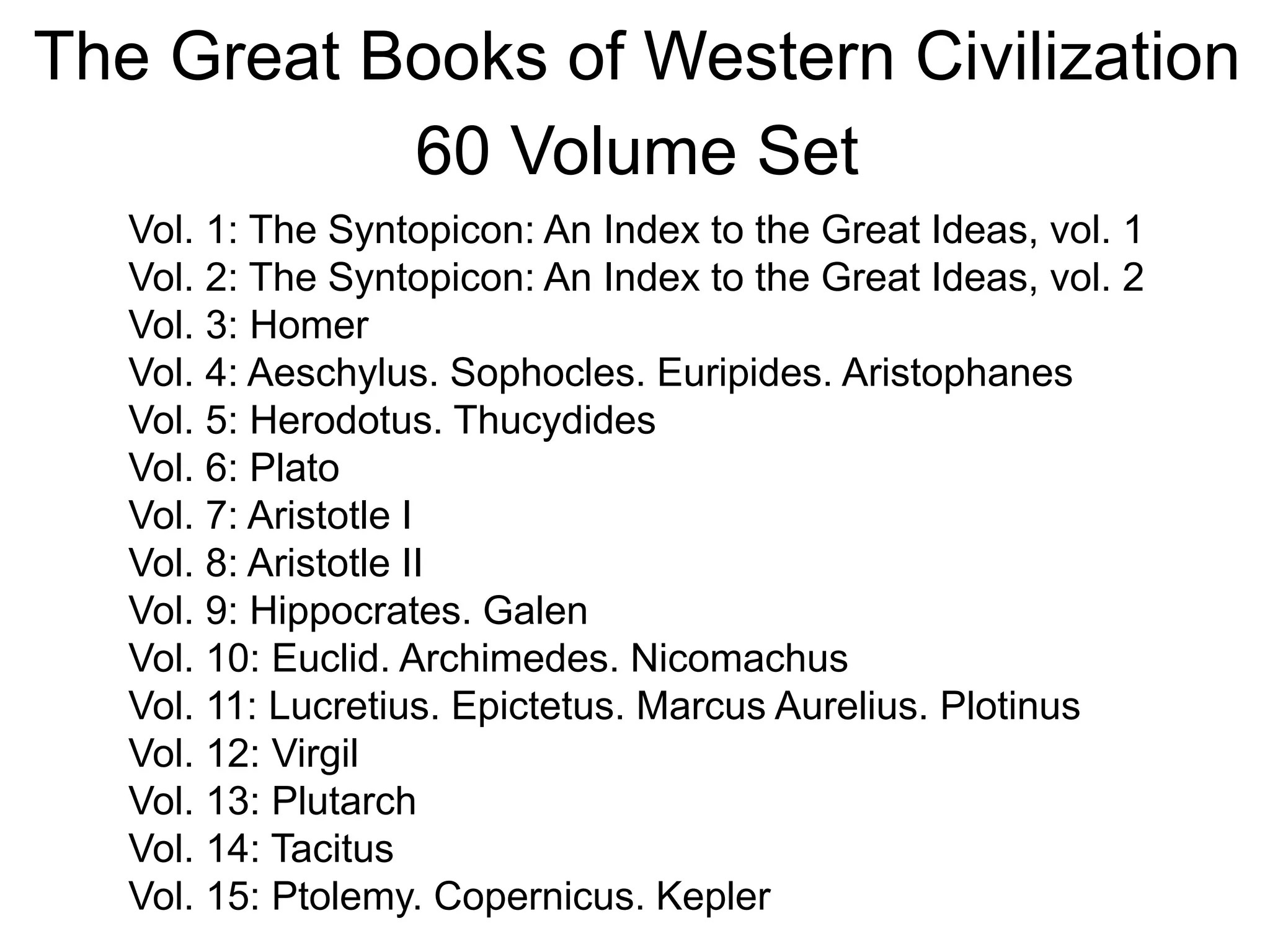 The Great Books of Western Civilization
60 Volume Set
Vol. 1: The Syntopicon: An Index to the Great Ideas, vol. 1
Vol. 2: The Syntopicon: An Index to the Great Ideas, vol. 2
Vol. 3: Homer
Vol. 4: Aeschylus. Sophocles. Euripides. Aristophanes
Vol. 5: Herodotus. Thucydides
Vol. 6: Plato
Vol. 7: Aristotle I
Vol. 8: Aristotle II
Vol. 9: Hippocrates. Galen
Vol. 10: Euclid. Archimedes. Nicomachus
Vol. 11: Lucretius. Epictetus. Marcus Aurelius. Plotinus
Vol. 12: Virgil
Vol. 13: Plutarch
Vol. 14: Tacitus
Vol. 15: Ptolemy. Copernicus. Kepler
 