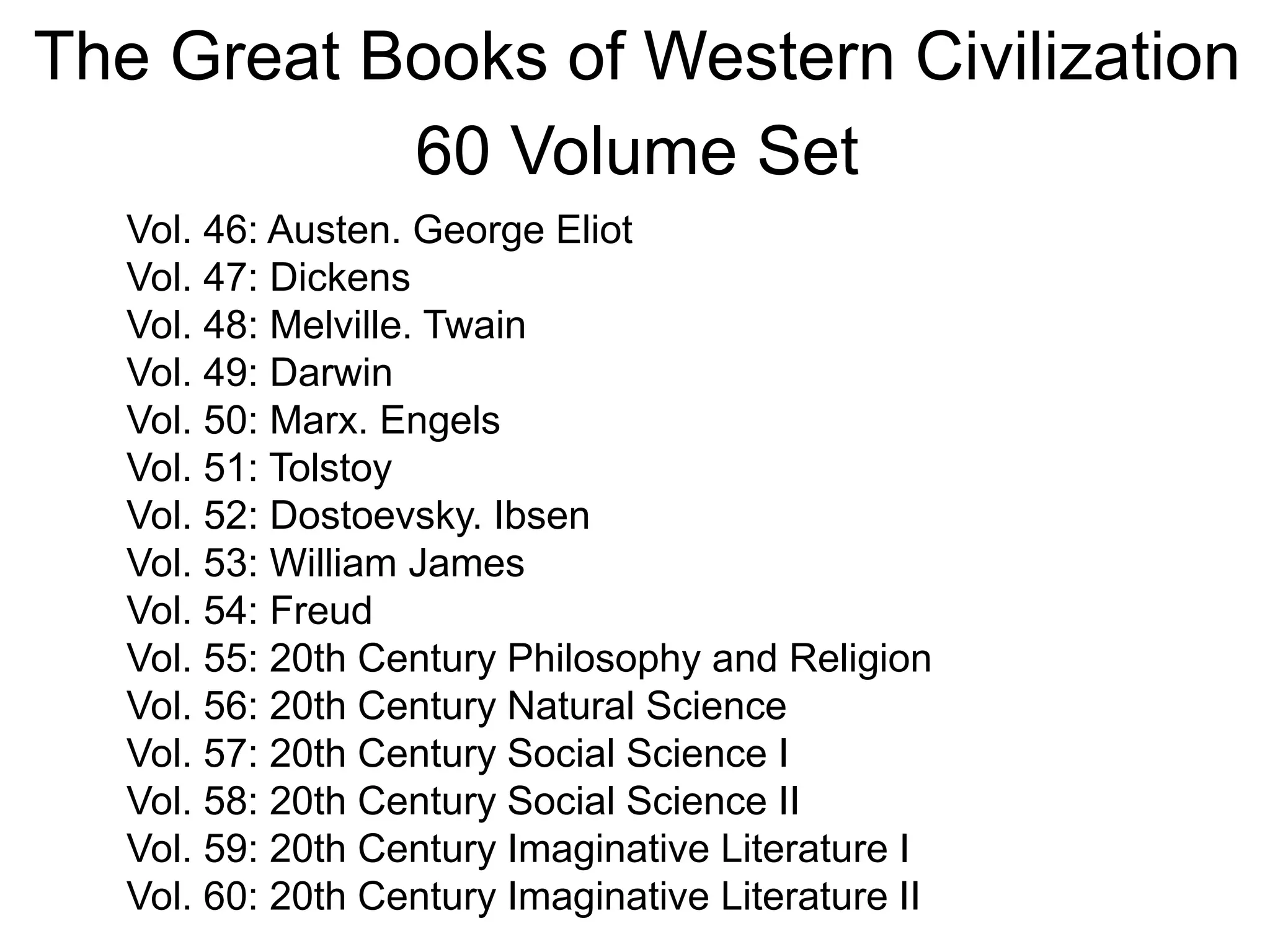 The Great Books of Western Civilization
60 Volume Set
Vol. 46: Austen. George Eliot
Vol. 47: Dickens
Vol. 48: Melville. Twain
Vol. 49: Darwin
Vol. 50: Marx. Engels
Vol. 51: Tolstoy
Vol. 52: Dostoevsky. Ibsen
Vol. 53: William James
Vol. 54: Freud
Vol. 55: 20th Century Philosophy and Religion
Vol. 56: 20th Century Natural Science
Vol. 57: 20th Century Social Science I
Vol. 58: 20th Century Social Science II
Vol. 59: 20th Century Imaginative Literature I
Vol. 60: 20th Century Imaginative Literature II
 