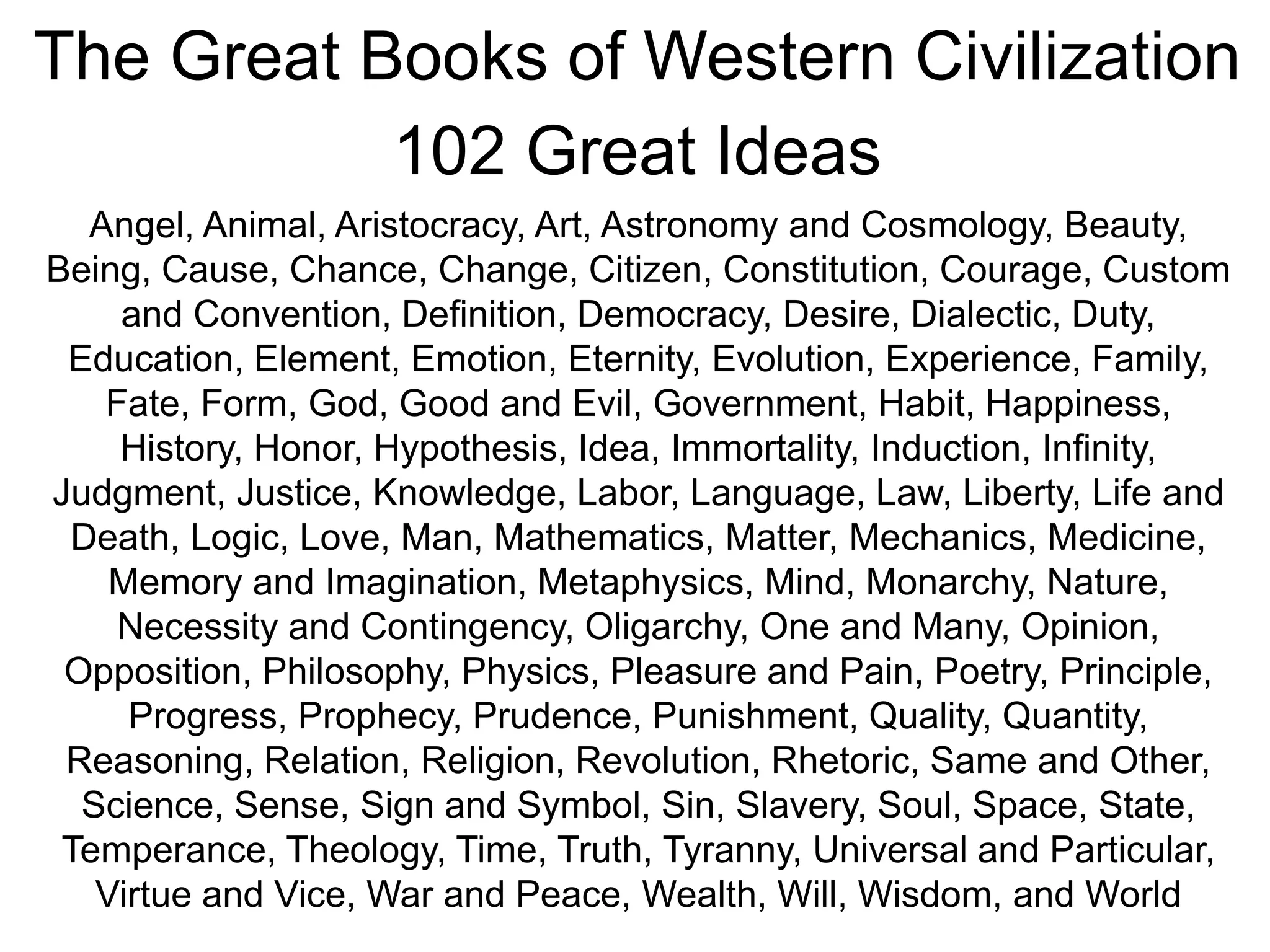 Angel, Animal, Aristocracy, Art, Astronomy and Cosmology, Beauty,
Being, Cause, Chance, Change, Citizen, Constitution, Courage, Custom
and Convention, Definition, Democracy, Desire, Dialectic, Duty,
Education, Element, Emotion, Eternity, Evolution, Experience, Family,
Fate, Form, God, Good and Evil, Government, Habit, Happiness,
History, Honor, Hypothesis, Idea, Immortality, Induction, Infinity,
Judgment, Justice, Knowledge, Labor, Language, Law, Liberty, Life and
Death, Logic, Love, Man, Mathematics, Matter, Mechanics, Medicine,
Memory and Imagination, Metaphysics, Mind, Monarchy, Nature,
Necessity and Contingency, Oligarchy, One and Many, Opinion,
Opposition, Philosophy, Physics, Pleasure and Pain, Poetry, Principle,
Progress, Prophecy, Prudence, Punishment, Quality, Quantity,
Reasoning, Relation, Religion, Revolution, Rhetoric, Same and Other,
Science, Sense, Sign and Symbol, Sin, Slavery, Soul, Space, State,
Temperance, Theology, Time, Truth, Tyranny, Universal and Particular,
Virtue and Vice, War and Peace, Wealth, Will, Wisdom, and World
The Great Books of Western Civilization
102 Great Ideas
 