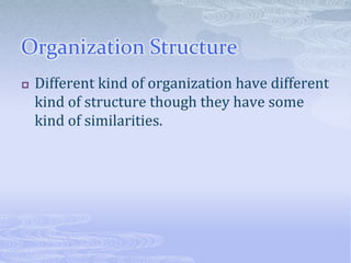 Organization StructureDifferent kind of organization have different kind of structure though they have some kind of similarities.