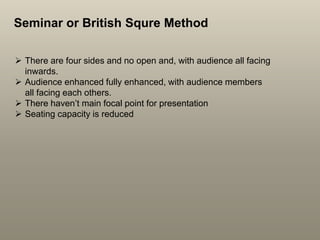 Seminar or British Squre Method
 There are four sides and no open and, with audience all facing
inwards.
 Audience enhanced fully enhanced, with audience members
all facing each others.
 There haven’t main focal point for presentation
 Seating capacity is reduced
 