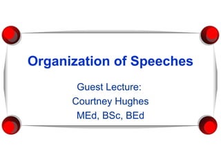 Organization of Speeches Guest Lecture:  Courtney Hughes MEd, BSc, BEd 