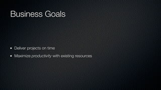 Business Goals
Deliver projects on time
Maximize productivity with existing resources
 