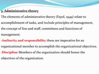 3. Administrative theory
The elements of administrative theory (Fayol, 1949) relate to
accomplishment of tasks, and include principles of management,
the concept of line and staff, committees and functions of
management.
·Authority and responsibility these are imperative for an
organizational member to accomplish the organizational objectives.
·Discipline Members of the organization should honor the
objectives of the organization.
 