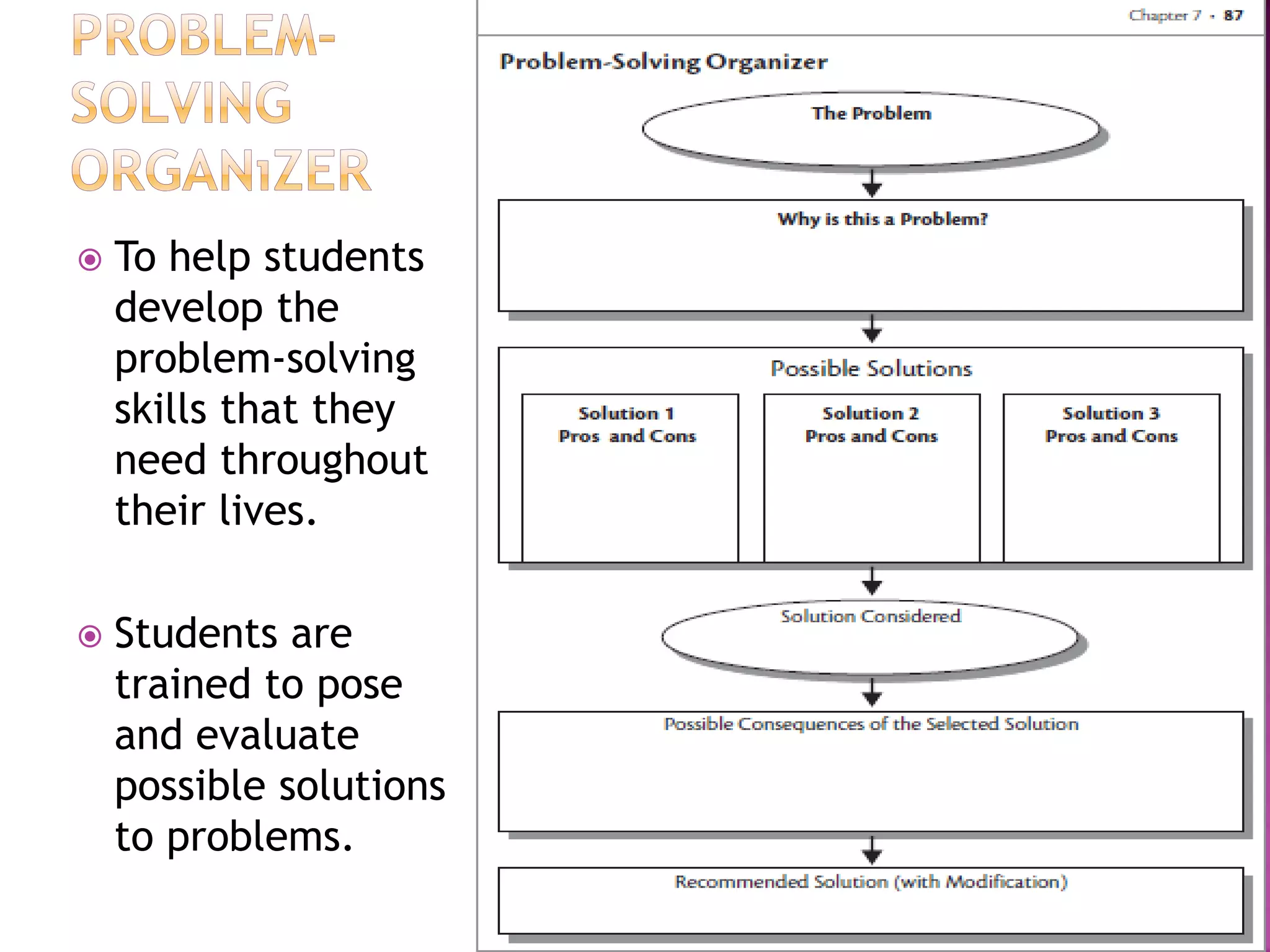    To help students
    develop the
    problem-solving
    skills that they
    need throughout
    their lives.

   Students are
    trained to pose
    and evaluate
    possible solutions
    to problems.
 