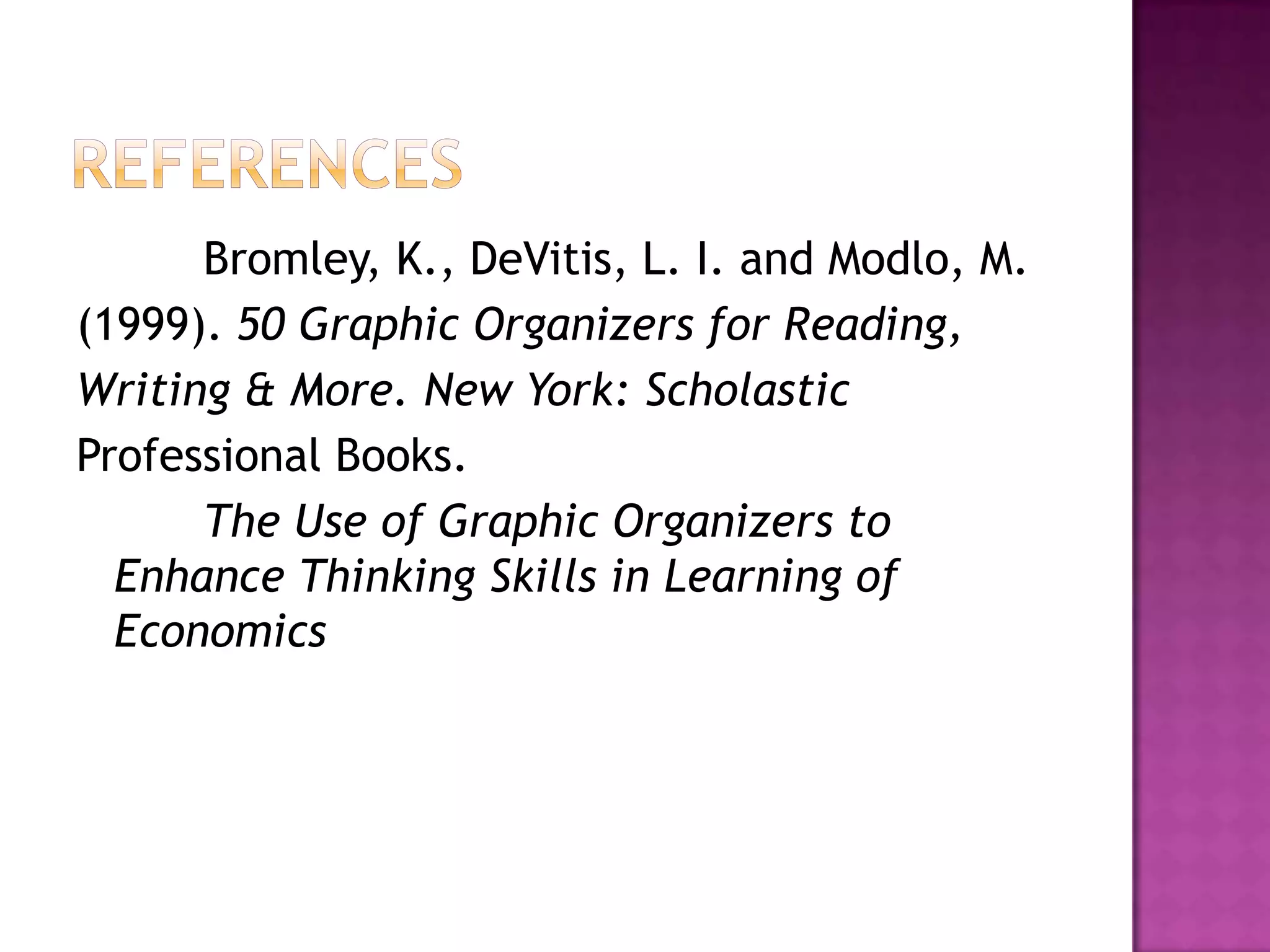 Bromley, K., DeVitis, L. I. and Modlo, M.
(1999). 50 Graphic Organizers for Reading,
Writing & More. New York: Scholastic
Professional Books.
      The Use of Graphic Organizers to
  Enhance Thinking Skills in Learning of
  Economics
 