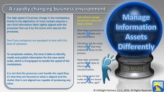 The high speed of business change in the marketplace,
thanks to the digitization of most markets requires a
very fluid information fabric tightly aligned with the
processes that use it by the actors who execute the
processes.
Few if any companies are equipped to deal with this
level of upheaval.
To complicate matters, the time it takes to identify,
model and publish information for this new world
order, which is ill equipped to handle the speed of the
marketplace.
It is not that the processes cant handle the rapid flow,
it’s that they are focused on what is aligned and the
clutter that is not aligned nor capable of producing any
value.
Left without change,
the process actors will
have a choice:
Slow down processes to
identify, validate and
use information
Introduce risk by using
information that may
indeed be noise to the
process
Have data scientists
perform the data to
information
transformation
Use information but
make decisions based
on what “feels right”
© InfoSight Partners, L.L.C.,2016, All Rights Reserved
X
X
X
X
Few if any companies are equipped to deal with this
level of upheaval.
The high speed of business change in the marketplace,
thanks to the digitization of most markets requires a
very fluid information fabric tightly aligned with the
processes that use it by the actors who execute the
processes.
To complicate matters, the time it takes to identify,
model and publish information for this new world
order, which is ill equipped to handle the speed of the
marketplace
It is not that the processes cant handle the rapid flow,
it’s that they are focused on what is aligned and the
clutter that is not aligned nor capable of producing any
value.
The SolutionThe Solution
 