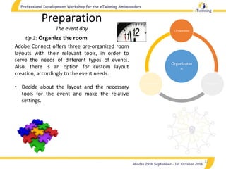 Organizatio
n
1.Preparation
2.Realization3.Completion
Preparation
The event day
12
tip 3: Organize the room
Adobe Connect offers three pre-organized room
layouts with their relevant tools, in order to
serve the needs of different types of events.
Also, there is an option for custom layout
creation, accordingly to the event needs.
• Decide about the layout and the necessary
tools for the event and make the relative
settings.
 