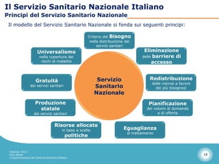 Il Servizio Sanitario Nazionale Italiano
Principi del Servizio Sanitario Nazionale
 Il modello del Servizio Sanitario Nazionale si fonda sui seguenti principi:

                                                         Criterio del Bisogno
                                                          nella distribuzione dei
                                                              servizi sanitari
                       Universalismo                                                   Eliminazione
                         nella copertura dei                                          delle barriere di
                          rischi di malattia                                               accesso


                      Gratuità                                 Servizio                   Redistribuzione
                                                                                           delle risorse a favore
                 dei servizi sanitari                         Sanitario                      dei più bisognosi
                                                              Nazionale
                     Produzione                                                          Pianificazione
                       statale                                                          dei volumi di domanda
                    dei servizi sanitari                                                      e di offerta


                                     Risorse allocate
                                           in base a scelte                 Eguaglianza
                                                                              di trattamento
                                             politiche


 Febbraio 2013
 Dino Biselli                                                                                                       18
 L’Organizzazione del Sistema Sanitario Italiano
 