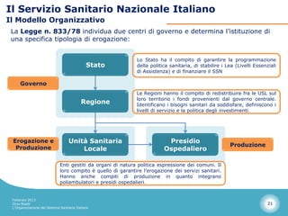 Il Servizio Sanitario Nazionale Italiano
Il Modello Organizzativo
 La Legge n. 833/78 individua due centri di governo e determina l’istituzione di
 una specifica tipologia di erogazione:


                                                              Lo Stato ha il compito di garantire la programmazione
                                              Stato           della politica sanitaria, di stabilire i Lea (Livelli Essenziali
                                                              di Assistenza) e di finanziare il SSN

     Governo
                                                              Le Regioni hanno il compito di redistribuire fra le USL sul
                                                              loro territorio i fondi provenienti dal governo centrale.
                                           Regione            Identificano i bisogni sanitari da soddisfare, definiscono i
                                                              livelli di servizio e la politica degli investimenti.




 Erogazione e                      Unità Sanitaria                         Presidio
                                                                                                        Produzione
  Produzione                           Locale                             Ospedaliero

                              Enti gestiti da organi di natura politica espressione dei comuni. Il
                              loro compito è quello di garantire l’erogazione dei servizi sanitari.
                              Hanno anche compiti di produzione in quanto integrano
                              poliambulatori e presidi ospedalieri.


 Febbraio 2013
 Dino Biselli                                                                                                             21
 L’Organizzazione del Sistema Sanitario Italiano
 