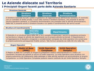 Le Aziende dislocate sul Territorio
I Principiali Organi facenti parte delle Aziende Sanitarie
           Direzione Generale

                                 Direttore                        Direttore          Direttore
                                 Sanitario                        Generale         Amministrativo
    Il Direttore Generale ha tutti i poteri di gestione e di rappresentanza dell’Azienda Sanitaria. E’ nominato
    con un contratto di diritto privato. A sua volta nomina il Direttore Sanitario, che presiede le attività
    tecnico-operative sanitarie, e il Direttore Amministrativo che presiede tutte le attività amministrative.
    Nelle ASL è presente anche il Direttore Sociale a cui spetta il coordinamento dei servizi sociali

   Strutture di Coordinamento
                                                   Distretto
                                                                              Dipartimento
                                                   Sanitario
    Il Distretto è un struttura tipica delle ASL e ha il compito di assicurare i servizi di assistenza primaria
    sul territorio e integra le attività dei dipartimenti con le proprie attività territoriali. Il Dipartimento è
    un’aggregazione di discipline omogenee o complementari composto da Unità operative che conservano
    la propria autonomia perseguendo finalità comuni. Tale forma è presente sia nelle AO che nelle ASL

             Organi Operativi

                             Medici di Base                    Unità Operative     Unità Operative
                                (MMG)                            Complesse            Semplici
    Il Medico di Base ha il compito di erogare le prestazioni medico-infermieristiche di I livello e di
    coordinare l’accesso dei pazienti ai servizi di livello superiore. Le Unità Operative sono strutture con
    propria autonomia nel trattamento delle patologie e nelle attività sanitarie ed amministrative di propria
    competenza. Le Unità Operative Complesse possono essere costituite da più Unità Operative Semplici



 Febbraio 2013
 Dino Biselli                                                                                                       34
 L’Organizzazione del Sistema Sanitario Italiano
 