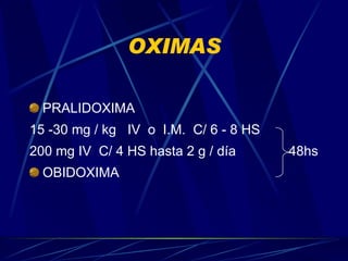 OXIMAS PRALIDOXIMA 15 -30 mg / kg  IV  o  I.M.  C/ 6 - 8 HS 200 mg IV  C/ 4 HS hasta 2 g / día  48hs OBIDOXIMA 