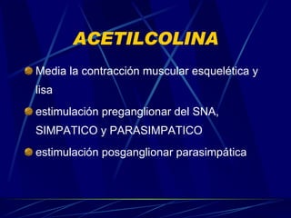 ACETILCOLINA Media la contracción muscular esquelética y lisa estimulación preganglionar del SNA, SIMPATICO y PARASIMPATICO  estimulación posganglionar parasimpática 