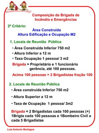 Composição da Brigada de
Incêndio e Emergências
2º Critério:
Área Construída
Altura Edificação e Ocupação M2
1. Locais de Reunião Pública
• Área Construída Inferior 750 m2
• Altura Inferior a 12 m
• Taxa Ocupação 1 pessoa/ 3 m2
Brigada = Proprietário e 1 funcionário
gerência, até 100 pessoas.
Acima 100 pessoas + 2 Brigadistas fração 100
2. Locais de Reunião Pública
• Área construída Inferior 750 m2
• Altura Superior a 12 m
• Taxa de Ocupação 1 pessoa/ 3m2
Brigada = 2 Brigadistas cada 100 pessoas (+)
1Brigta cada 100 pessoas e 1Bombeiro Civil a
cada 5 Brigadistas
Luiz Antonio Bertagna
 