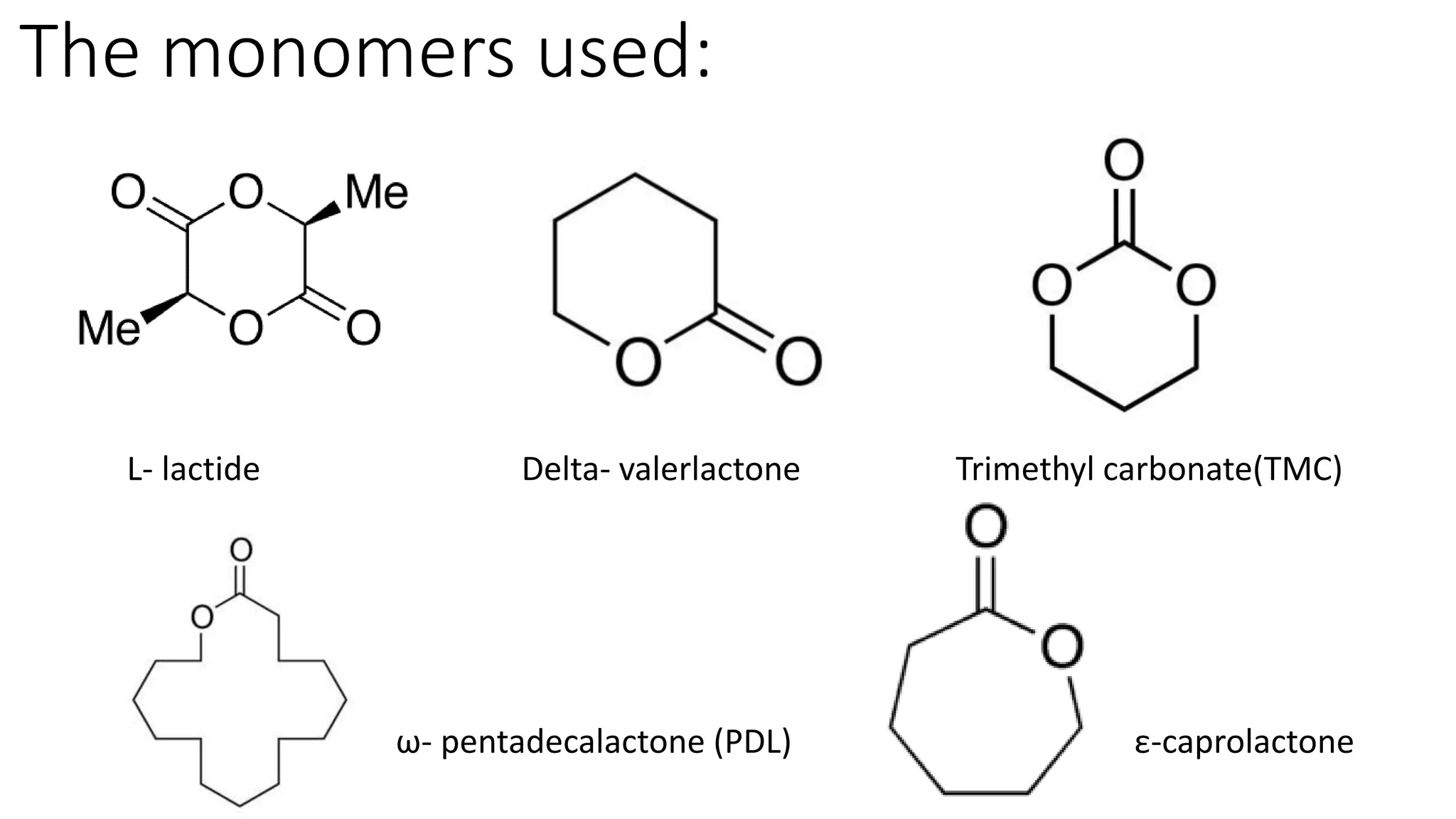 The monomers used:
L- lactide Delta- valerlactone Trimethyl carbonate(TMC)
ω- pentadecalactone (PDL) ε-caprolactone
 
