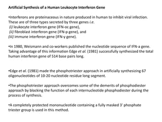 Artificial Synthesis of a Human Leukocyte Interferon Gene
•Interferons are proteinaceous in nature produced in human to inhibit viral infection.
These are of three types secreted by three genes i.e.
(i) leukocyte interferon gene (IFN-oc gene),
(ii) fibroblast interferon gene (IFN-p gene), and
(iii) immune interferon gene (IFN-γ gene).
•In 1980, Weismann and co-workers published the nucleotide sequence of IFN-a gene.
Taking advantage of this information Edge et al. (1981) successfully synthesized the total
human interferon gene of 514 base pairs long.
•Edge et al. (1981) made the phosphotriester approach in artificially synthesizing 67
oligonucleotides of 10-20 nucleotide residue long segment.
•The phosphotriester approach overcomes some of the demerits of phosphodiester
approach by blocking the function of each internucleotide phosphodiester during the
process of synthesis.
•A completely protected mononucleotide containing a fully masked 3' phosphate
triester group is used in this method.
 