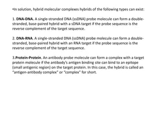 •In solution, hybrid molecular complexes hybrids of the following types can exist:
1. DNA-DNA. A single-stranded DNA (ssDNA) probe molecule can form a double-
stranded, base-paired hybrid with a sDNA target if the probe sequence is the
reverse complement of the target sequence.
2. DNA-RNA. A single-stranded DNA (ssDNA) probe molecule can form a double-
stranded, base-paired hybrid with an RNA target if the probe sequence is the
reverse complement of the target sequence.
3.Protein-Protein. An antibody probe molecule can form a complex with a target
protein molecule if the antibody’s antigen binding site can bind to an epitope
(small antigenic region) on the target protein. In this case, the hybrid is called an
“antigen-antibody complex” or “complex” for short.
 