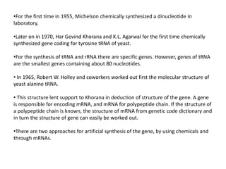 •For the first time in 1955, Michelson chemically synthesized a dinucleotide in
laboratory.
•Later on in 1970, Har Govind Khorana and K.L. Agarwal for the first time chemically
synthesized gene coding for tyrosine tRNA of yeast.
•For the synthesis of tRNA and rRNA there are specific genes. However, genes of tRNA
are the smallest genes containing about 80 nucleotides.
• In 1965, Robert W. Holley and coworkers worked out first the molecular structure of
yeast alanine tRNA.
• This structure lent support to Khorana in deduction of structure of the gene. A gene
is responsible for encoding mRNA, and mRNA for polypeptide chain. If the structure of
a polypeptide chain is known, the structure of mRNA from genetic code dictionary and
in turn the structure of gene can easily be worked out.
•There are two approaches for artificial synthesis of the gene, by using chemicals and
through mRNAs.
 