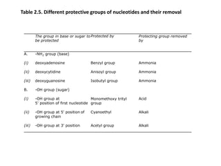 The group in base or sugar to
be protected
Protected by Protecting group removed
by
A. -NH2 group (base)
(i) deoxyadenosine Benzyl group Ammonia
(ii) deoxycytidine Anisoyl group Ammonia
(iii) deoxyguanosine Isobutyl group Ammonia
B. -OH group (sugar)
(i) -OH group at
5' position of first nucleotide
Monomethoxy trityl
group
Acid
(ii) -OH group at 5' position of
growing chain
Cyanoethyl Alkali
(iii) -OH group at 3' position Acetyl group Alkali
Table 2.5. Different protective groups of nucleotides and their removal
 